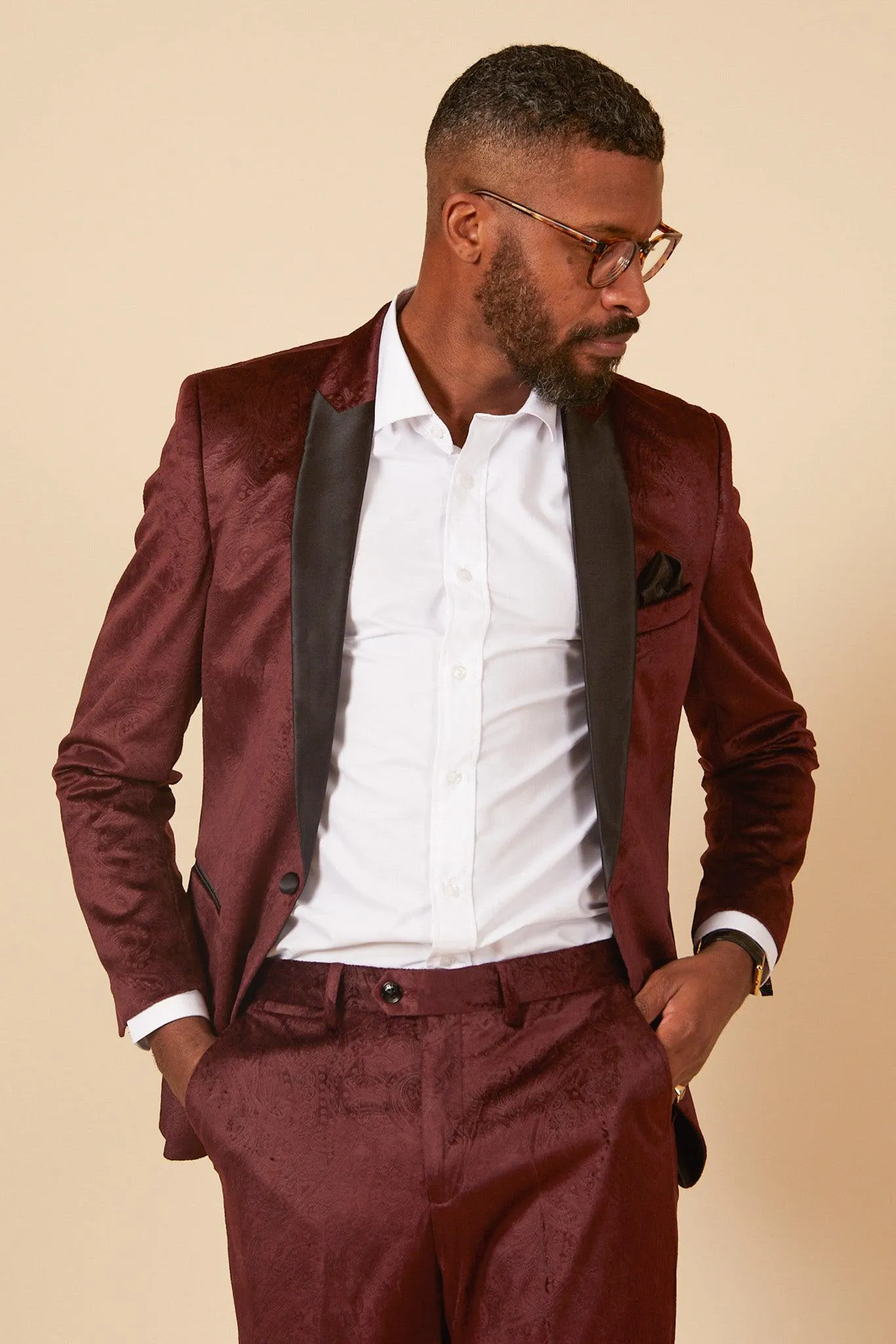 SIMON - Velvet Wine Tux Lapel Jacquard Blazer