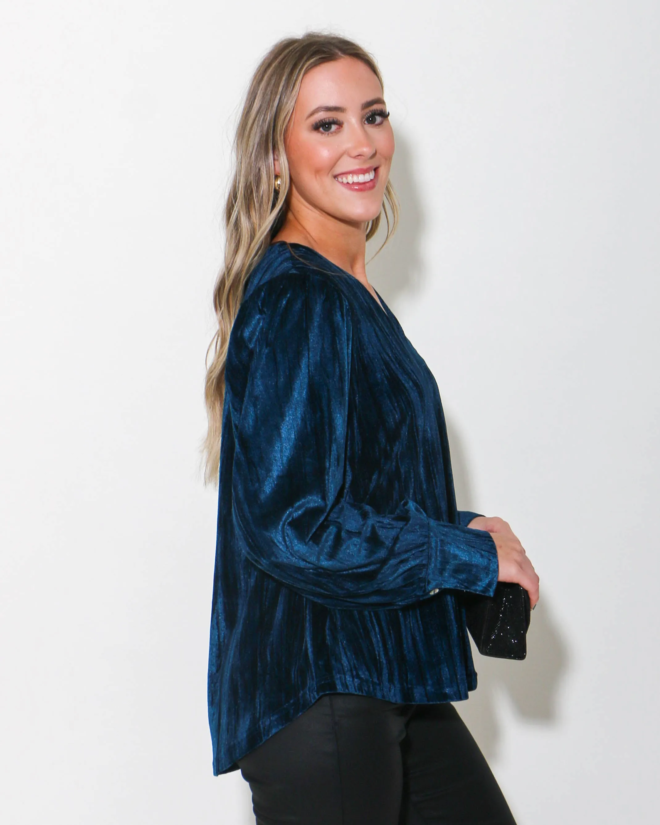 Teal Textured Velvet Long Sleeve Top