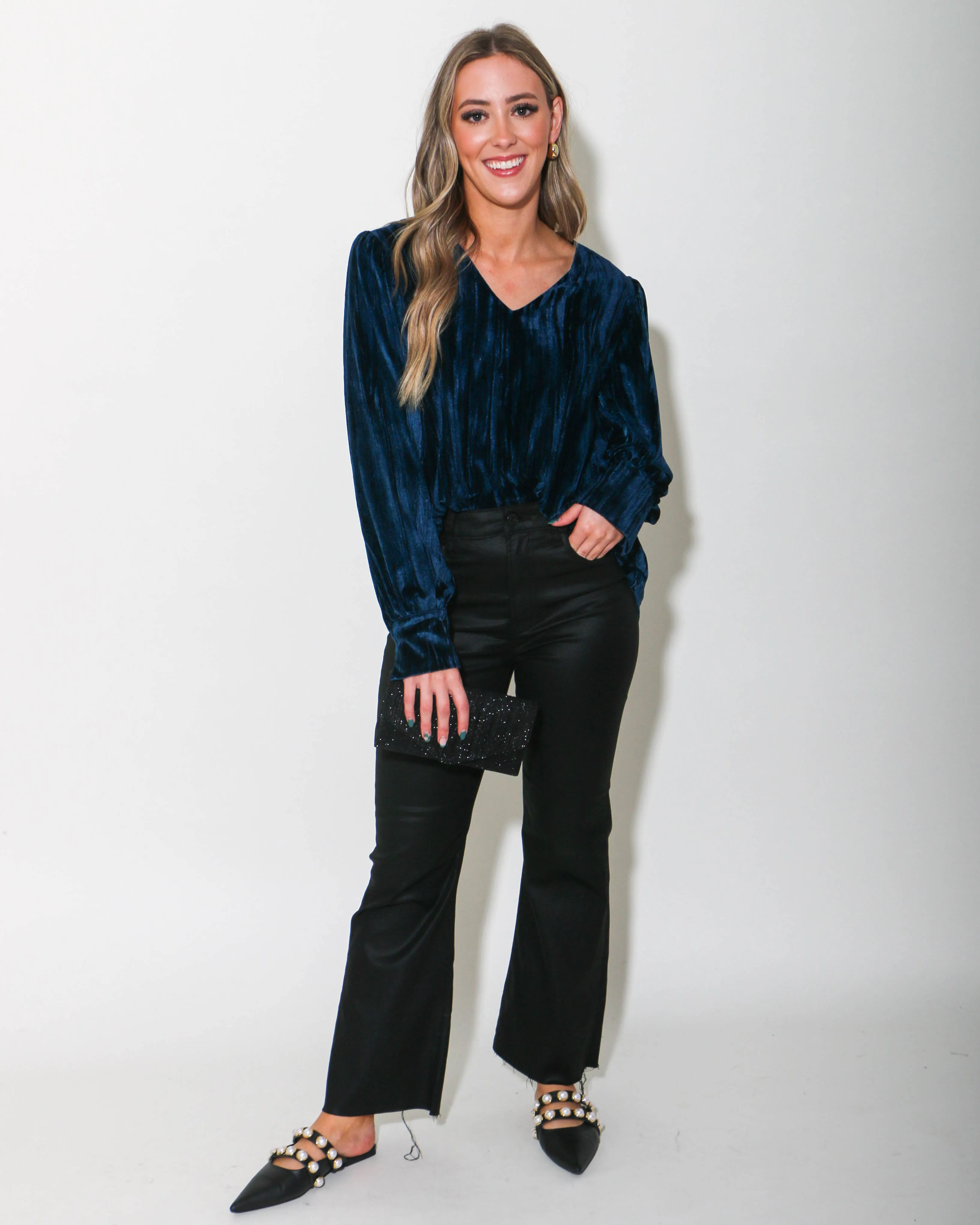 Teal Textured Velvet Long Sleeve Top