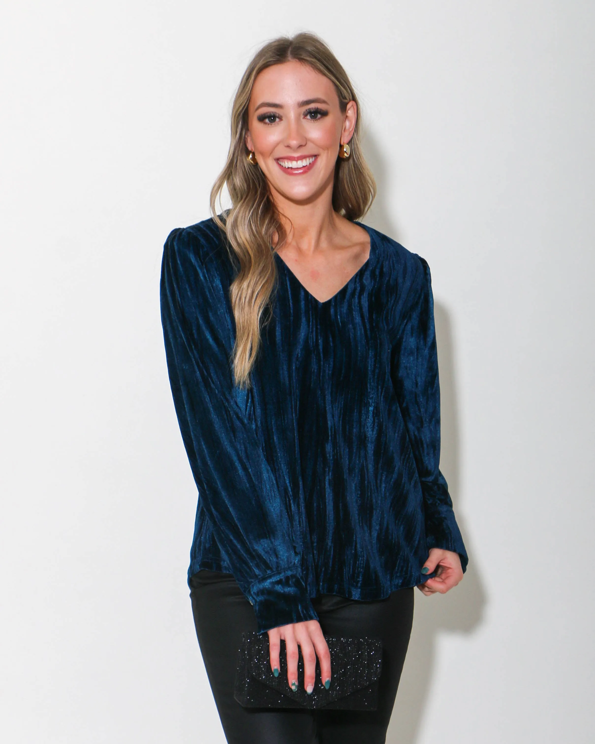 Teal Textured Velvet Long Sleeve Top