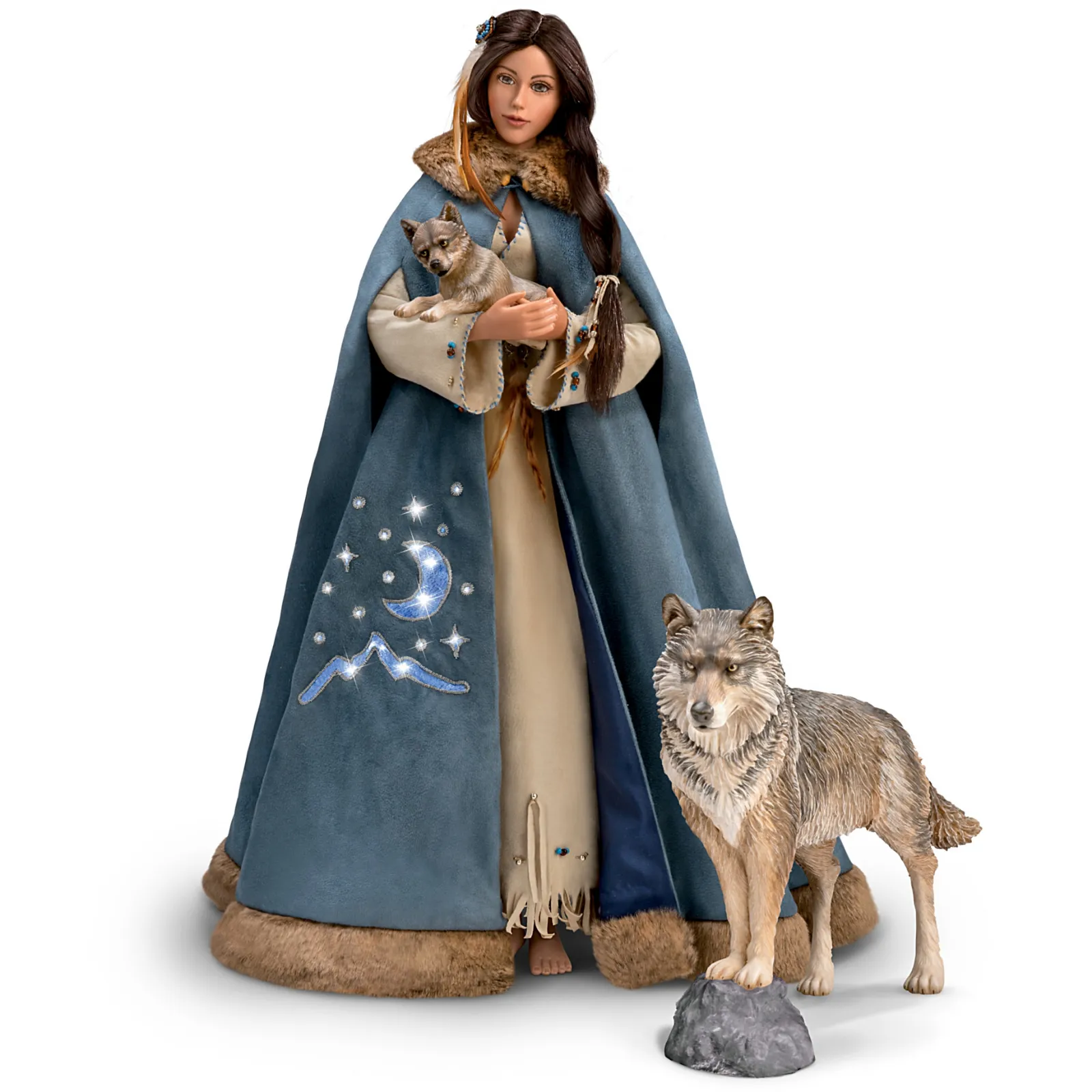 The Ashton - Drake Galleries Maiden of the Wolf Moon Portrait Doll Collector’s Edition Handcrafted & Hand Painted with Removable Light Up Cape and 2 Wolf Figures 21-inches