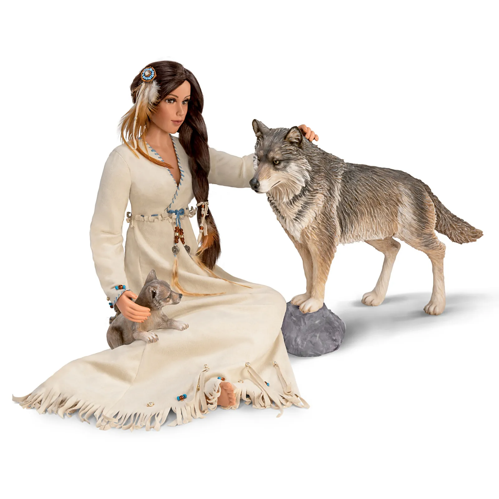 The Ashton - Drake Galleries Maiden of the Wolf Moon Portrait Doll Collector’s Edition Handcrafted & Hand Painted with Removable Light Up Cape and 2 Wolf Figures 21-inches