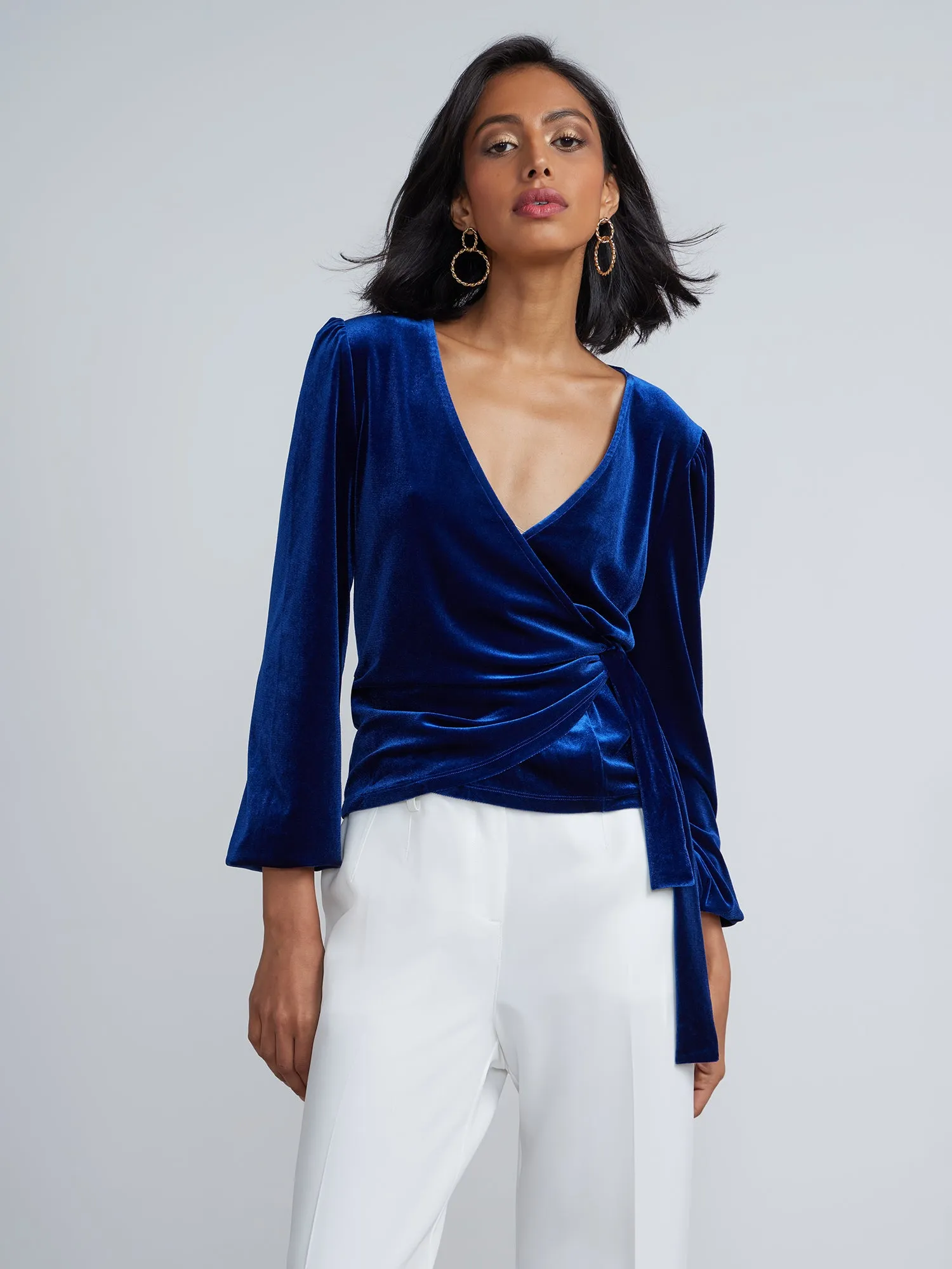 V-Neck Long Sleeve Wrap-Tie Velvet Top