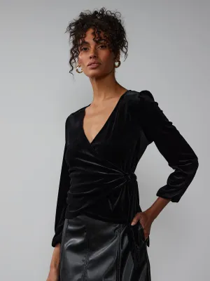 V-Neck Long Sleeve Wrap-Tie Velvet Top