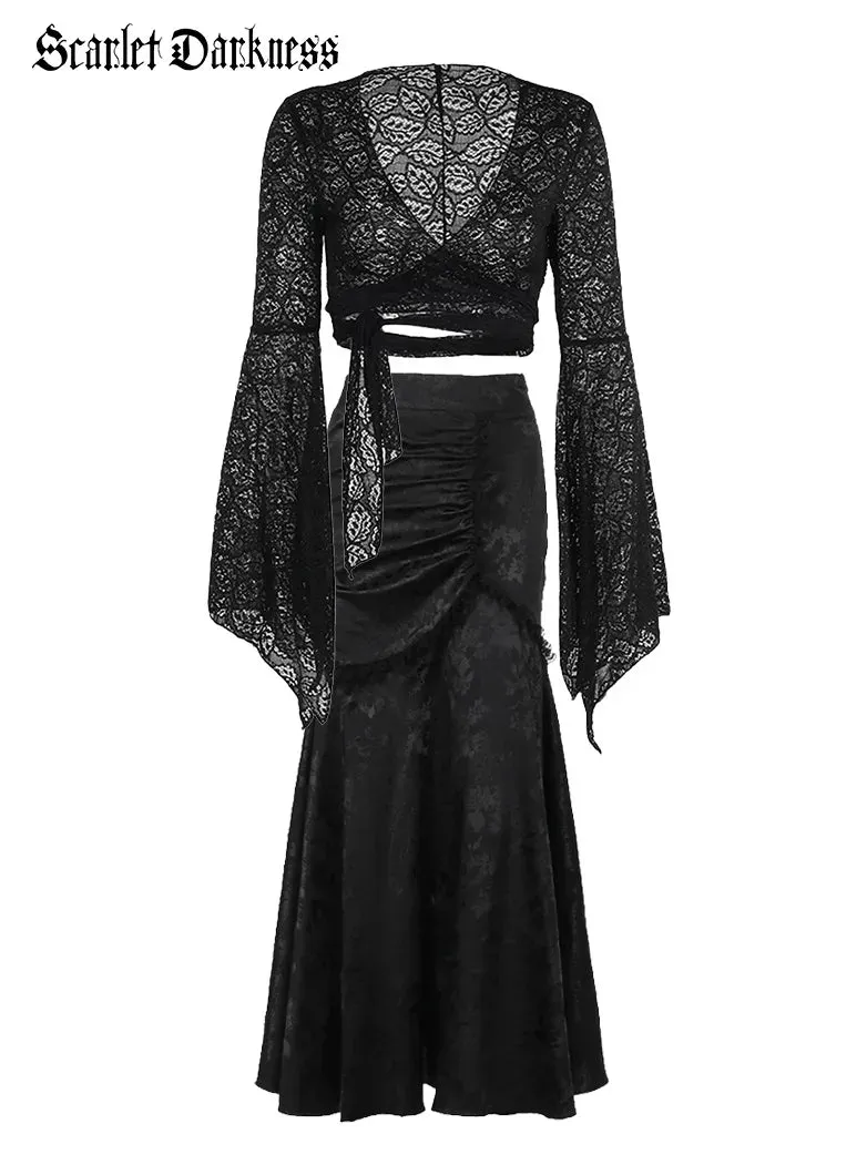 Victorian Satin Jacquard Asymmetric Bodycon Skirt