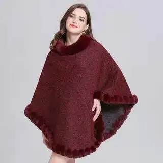 Warm Poncho Faux Fur Knitted Shawl