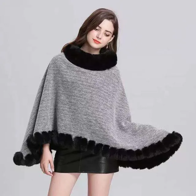 Warm Poncho Faux Fur Knitted Shawl