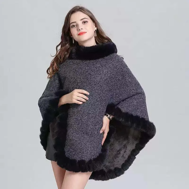 Warm Poncho Faux Fur Knitted Shawl