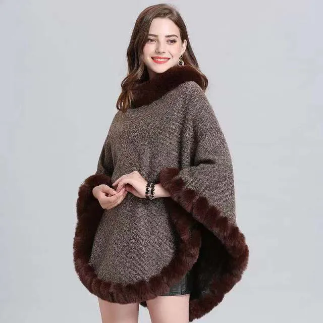 Warm Poncho Faux Fur Knitted Shawl