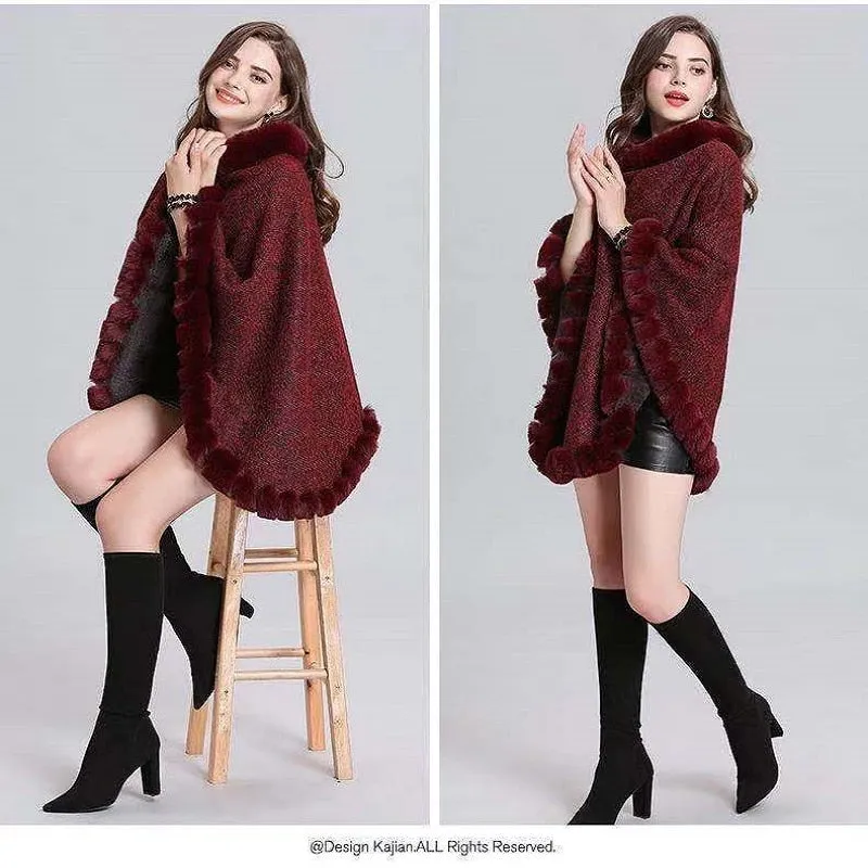 Warm Poncho Faux Fur Knitted Shawl