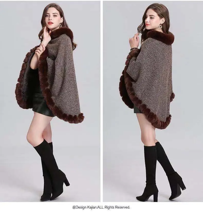 Warm Poncho Faux Fur Knitted Shawl