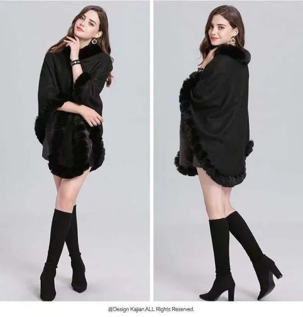 Warm Poncho Faux Fur Knitted Shawl