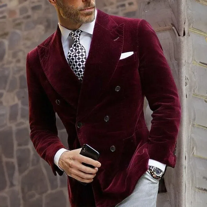 Wiaofellas  -  Burgundy Velvet Wedding Blazer for Men Double Breasted Dinner Smoking Jacket Elegant Coat for Suit In Stock