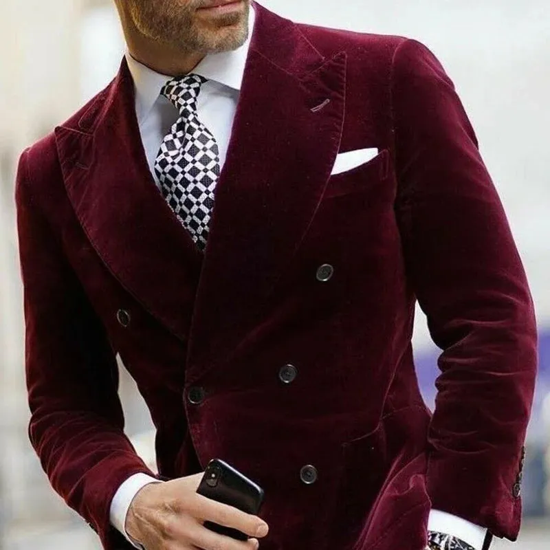 Wiaofellas  -  Burgundy Velvet Wedding Blazer for Men Double Breasted Dinner Smoking Jacket Elegant Coat for Suit In Stock