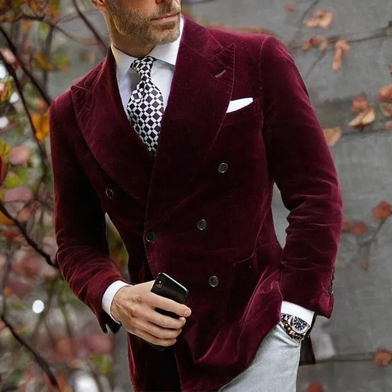 Wiaofellas  -  Burgundy Velvet Wedding Blazer for Men Double Breasted Dinner Smoking Jacket Elegant Coat for Suit In Stock