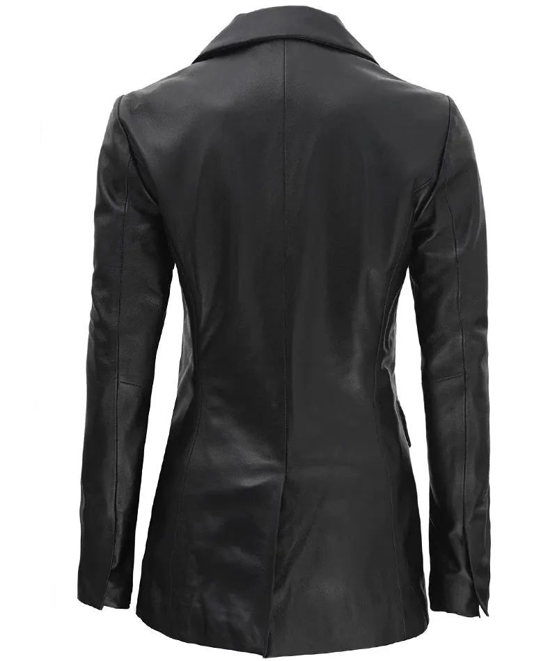 Women Black Double Breasted Leather Blazer