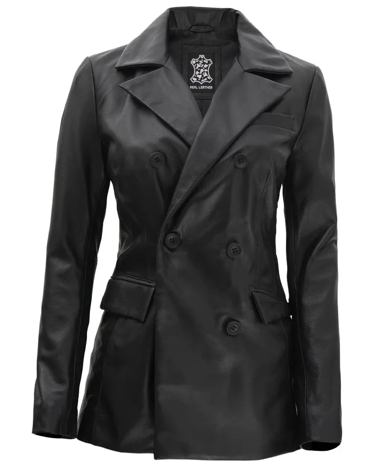 Women Black Double Breasted Leather Blazer