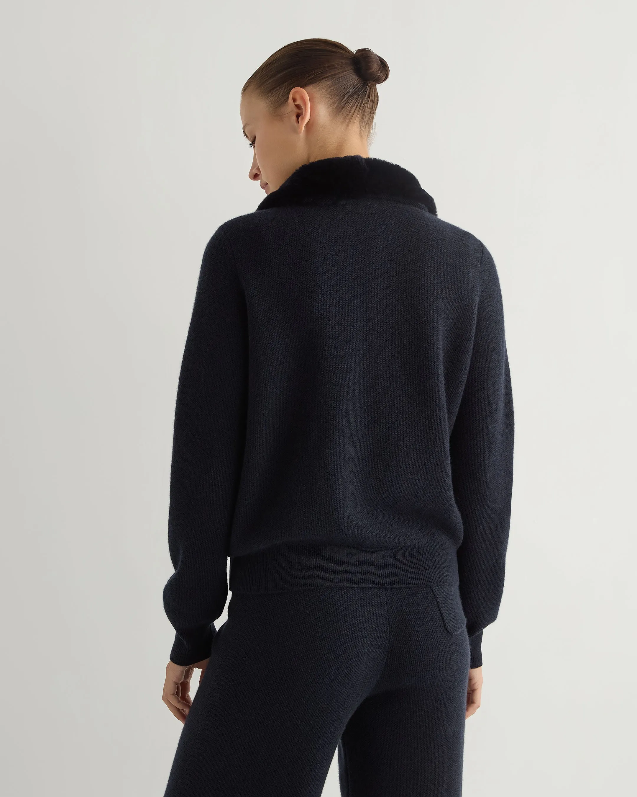 Women's Honeycomb Full Zip Cashmere Jumper With Fur Trim Navy Blue