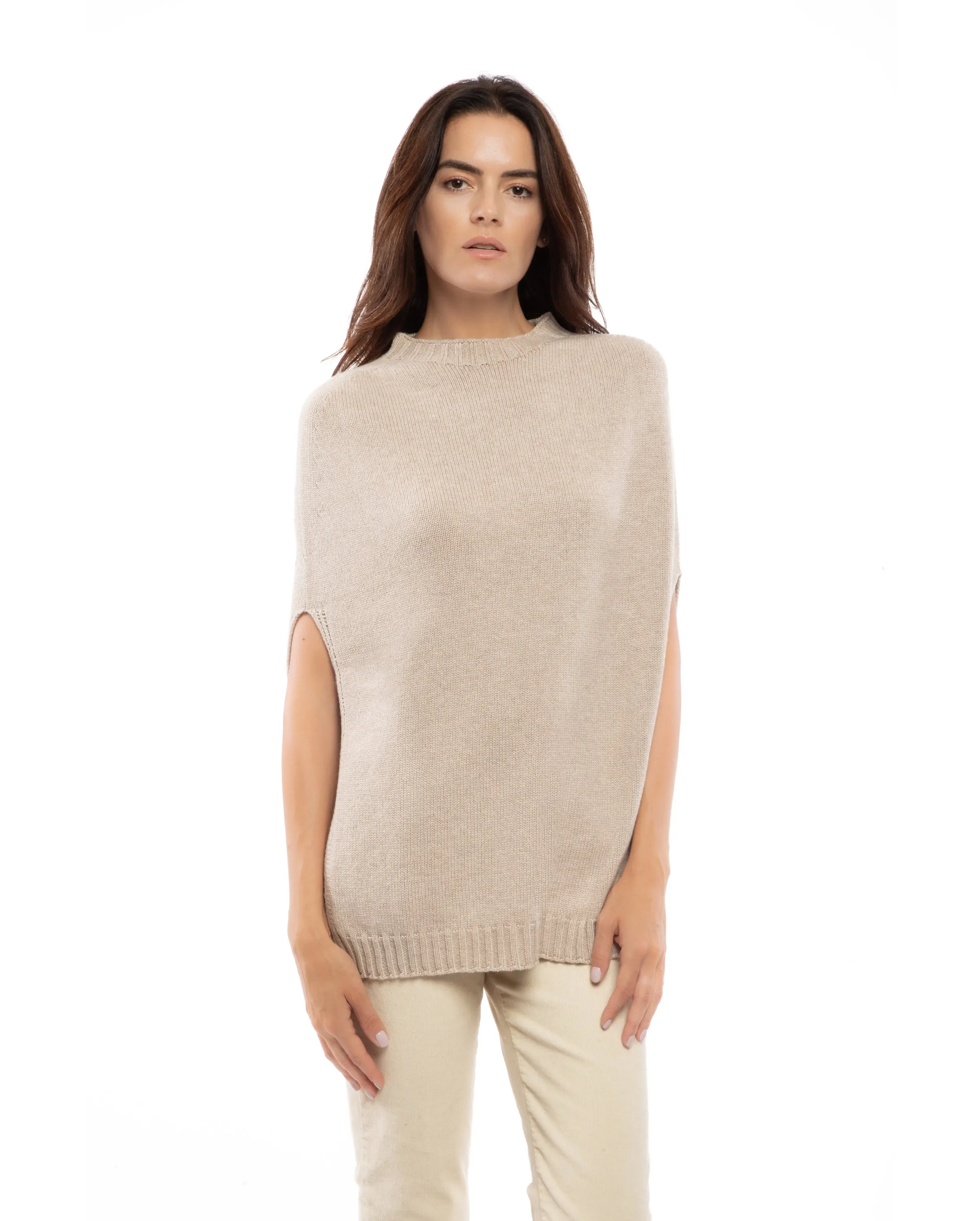 Womens's Pure Cashmere Side Slits Poncho Brown