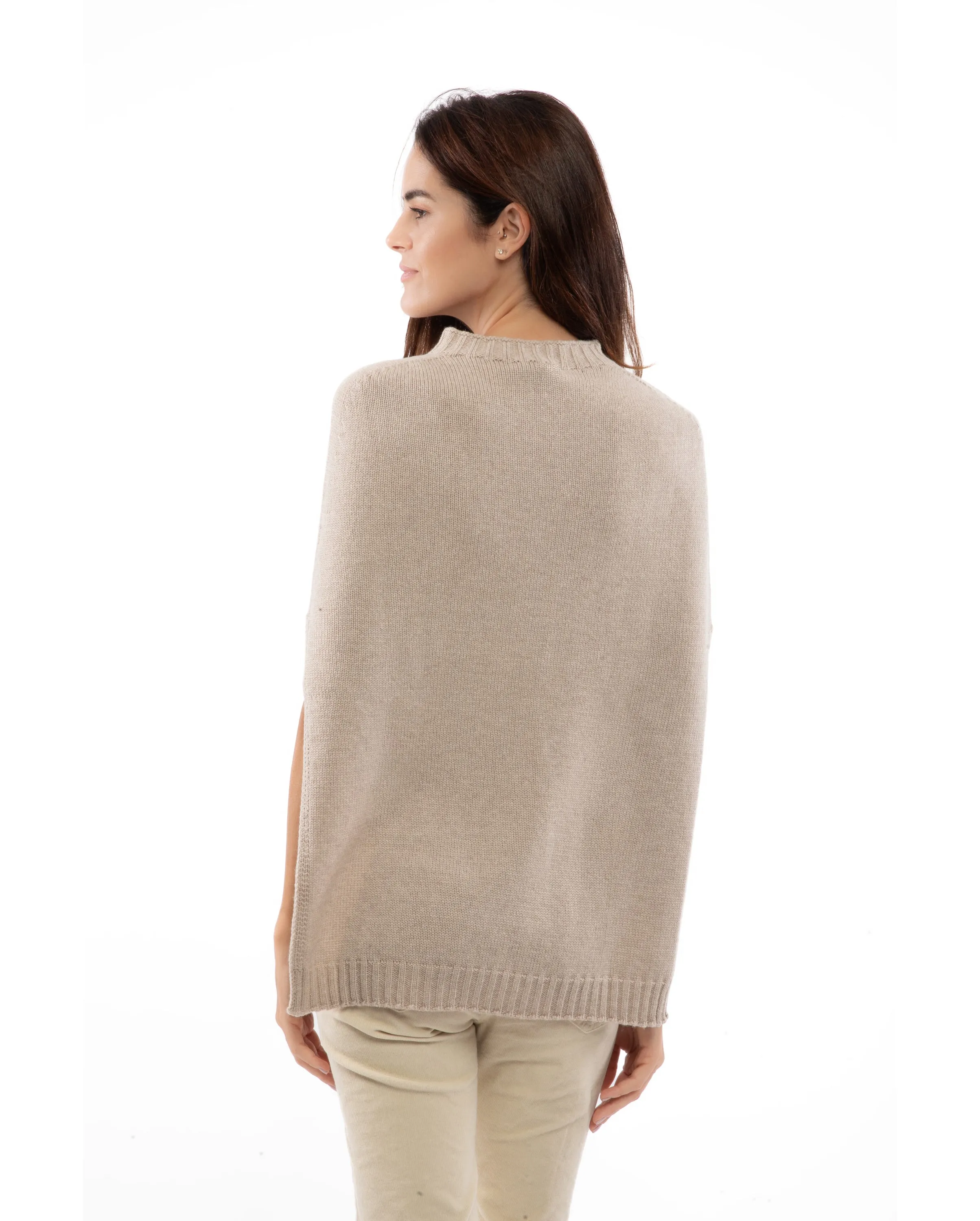 Womens's Pure Cashmere Side Slits Poncho Brown