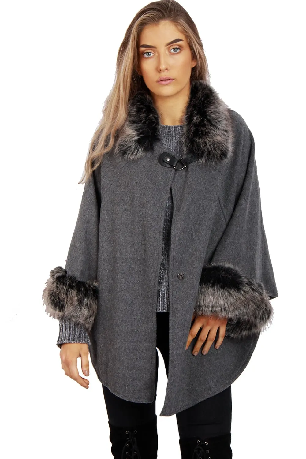 Wooly Faux Fur Collar Knitted Cape Buckle Poncho with Fur Cuffs